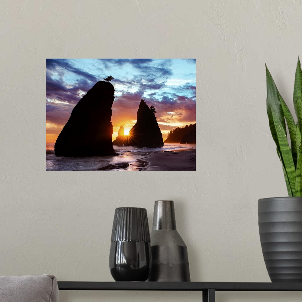 A modern room featuring Sea stacks silhouetted by the sunset light on the Washington coast.