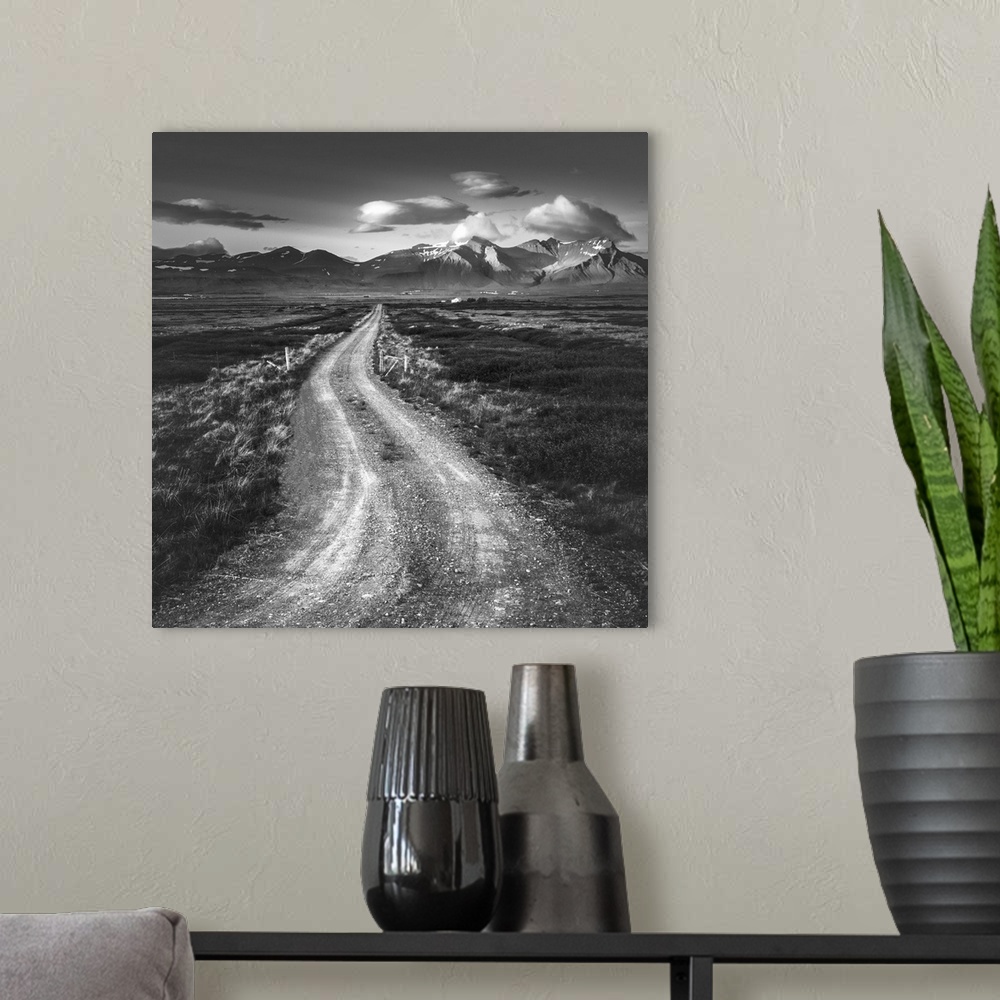 A modern room featuring Black and white photo of a path leading to tall mountains on the horizon.