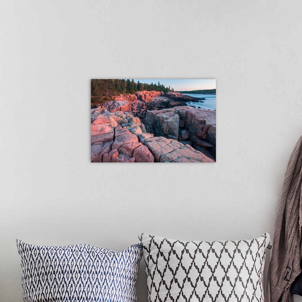 A bohemian room featuring Warm sunlight on the rocky coast in Acadia National Park, Maine.