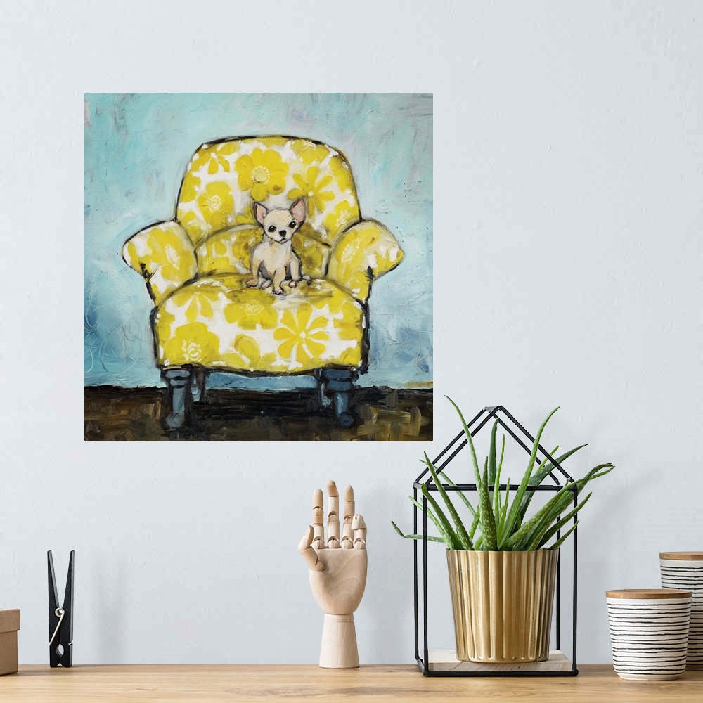 A bohemian room featuring A whimsical composition of a small cream-colored dog sitting up in a large armchair covered in a ...