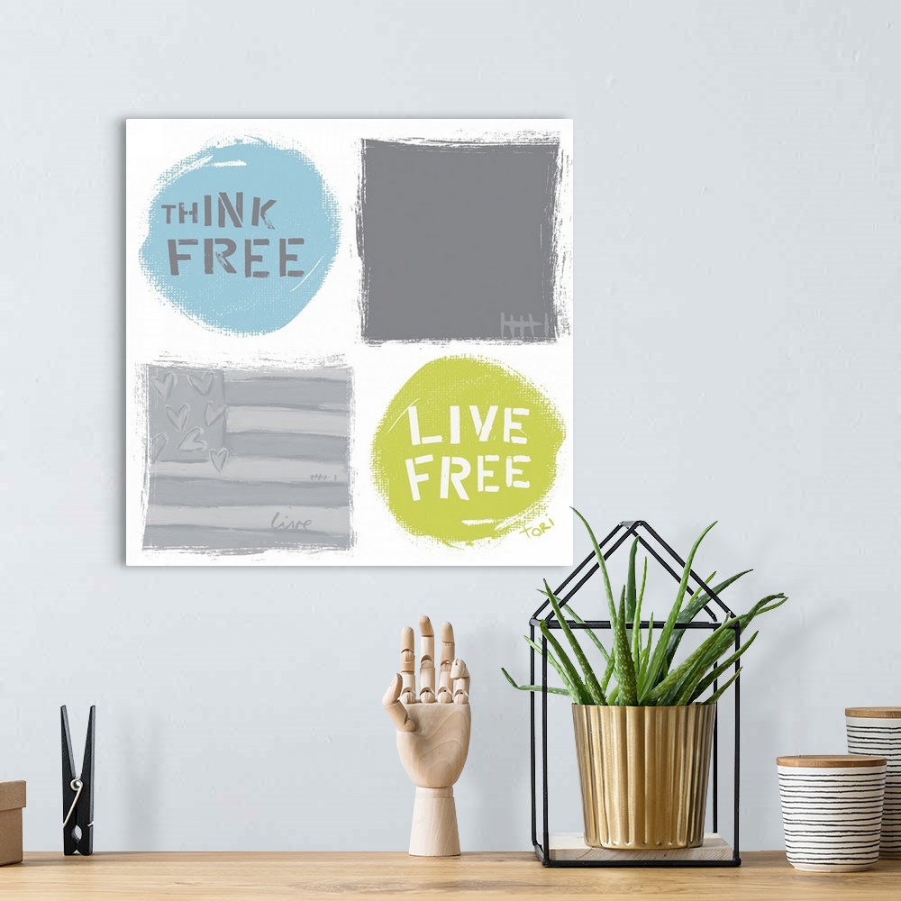 A bohemian room featuring Think Free Live Free Flag