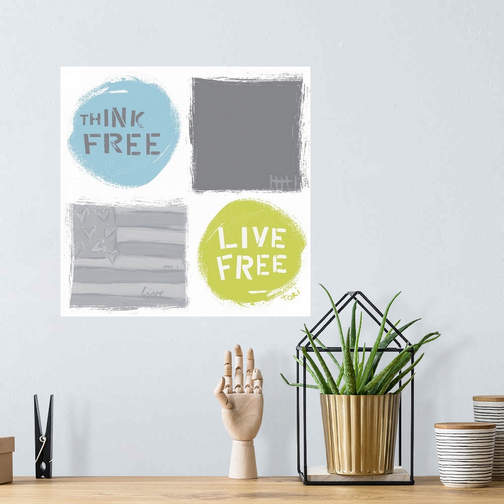 A bohemian room featuring Think Free Live Free Flag