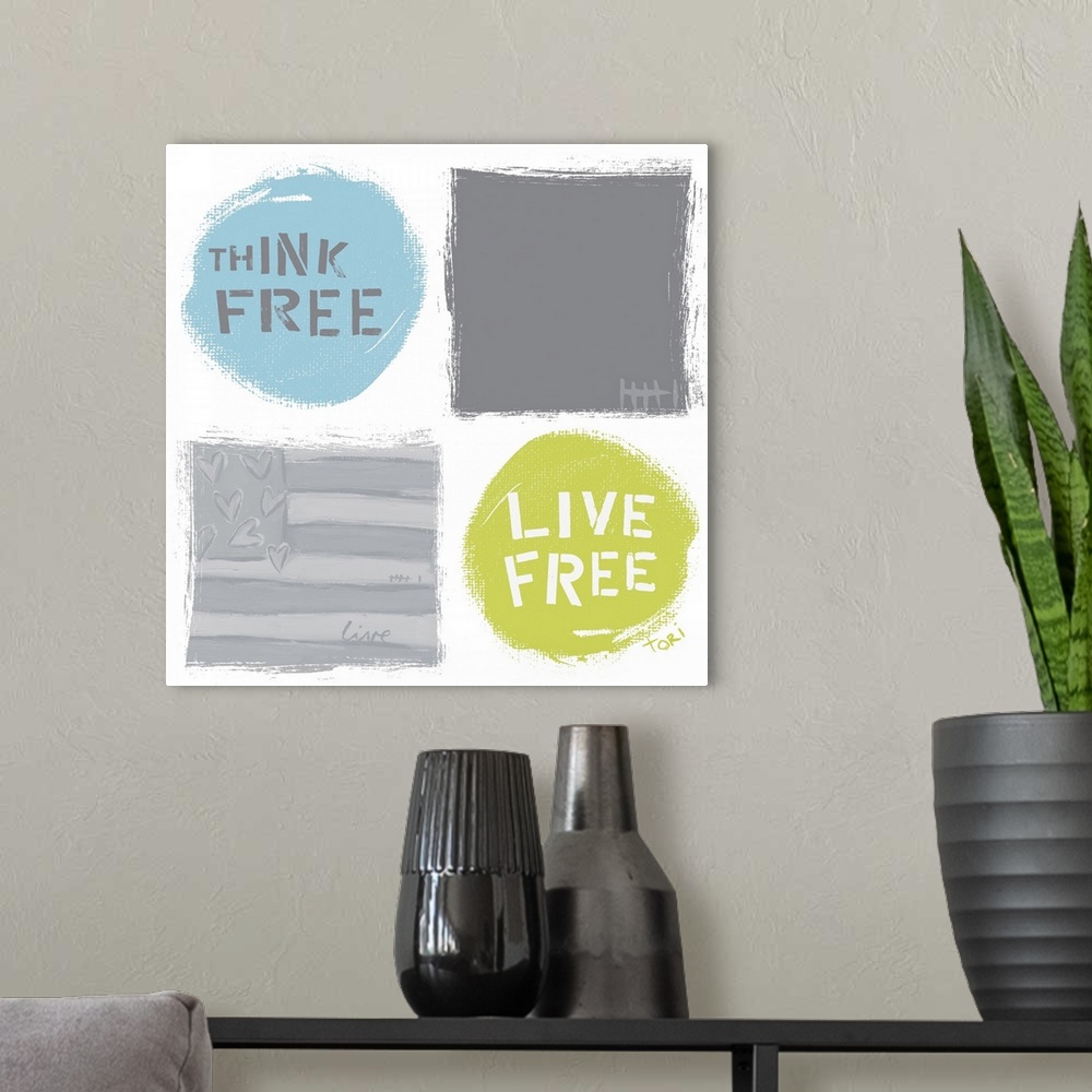 A modern room featuring Think Free Live Free Flag