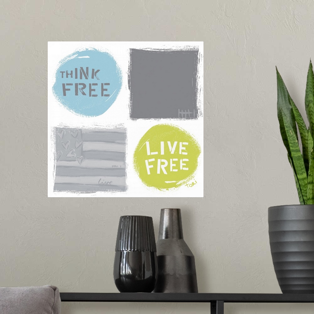 A modern room featuring Think Free Live Free Flag