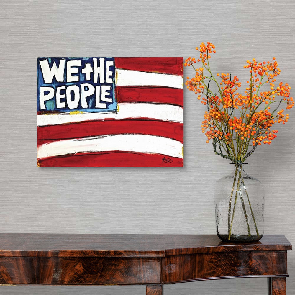 A traditional room featuring We The People Flag