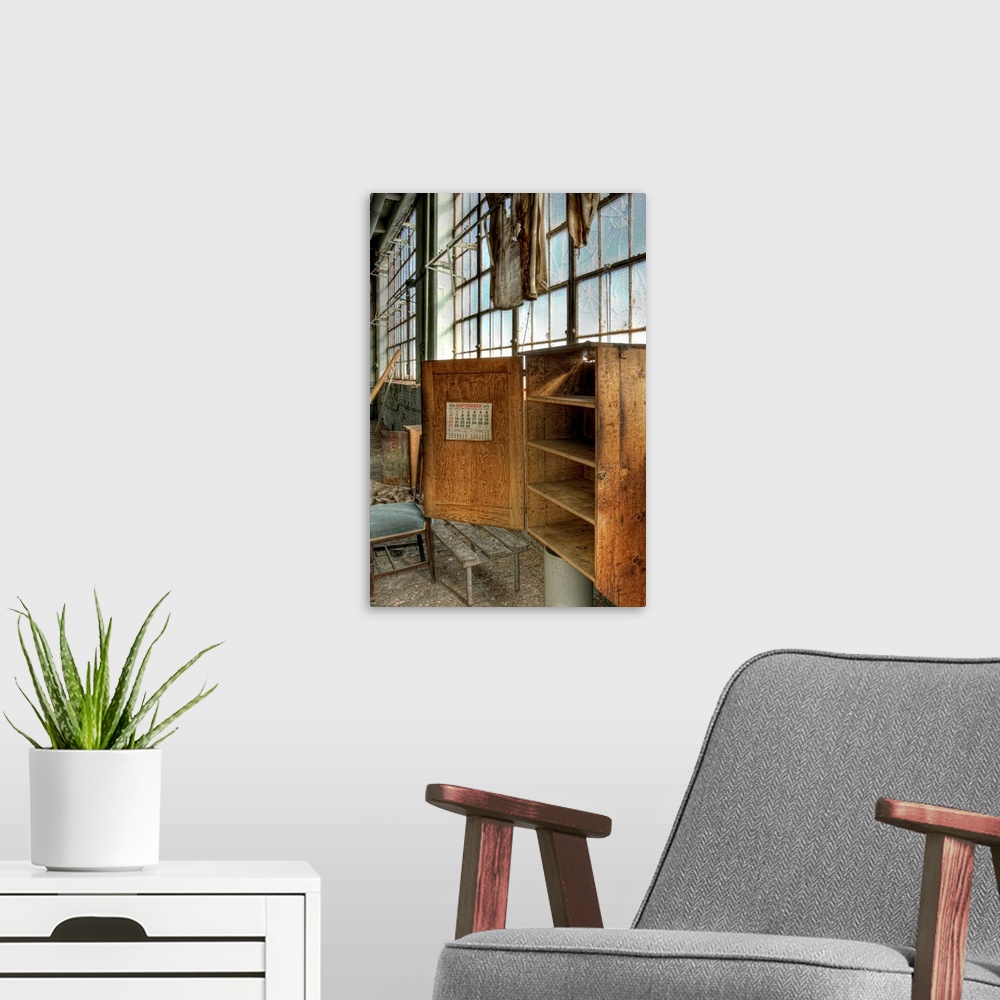 A modern room featuring A deserted factory building with calender