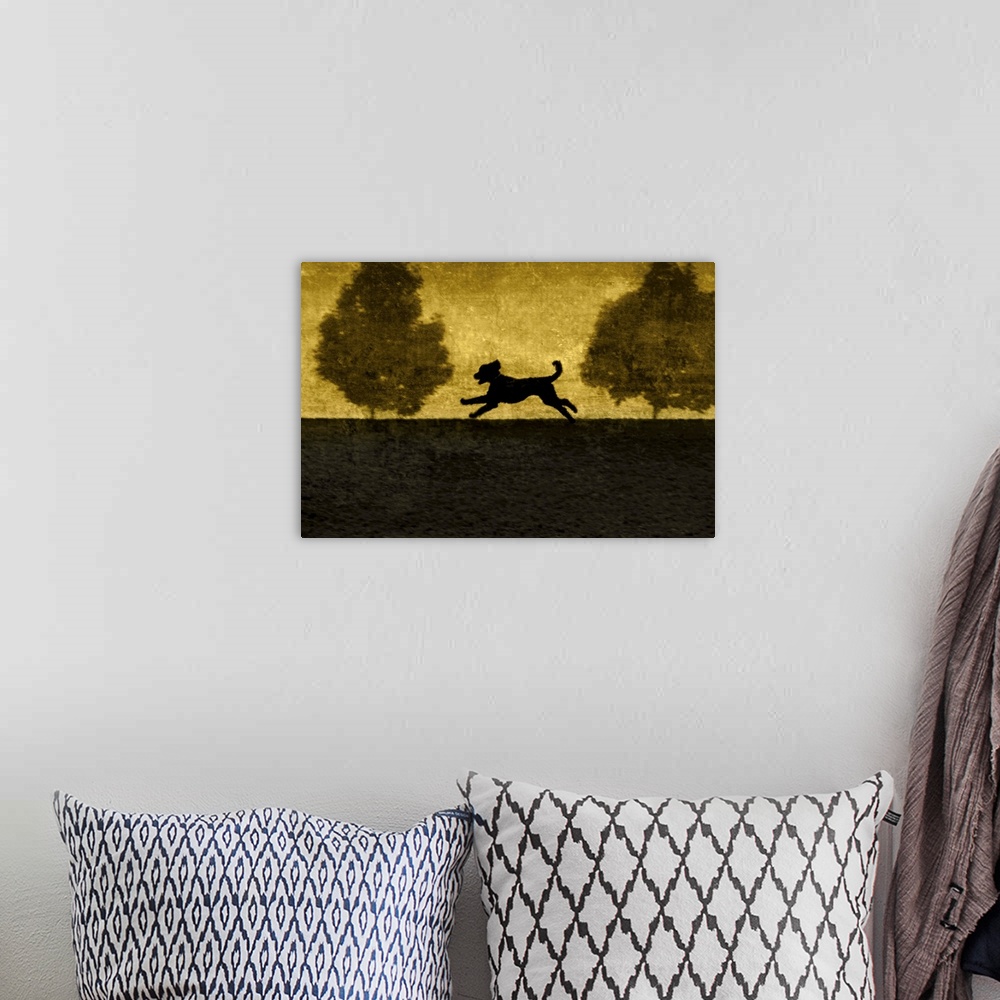 A bohemian room featuring A dog running between two small trees