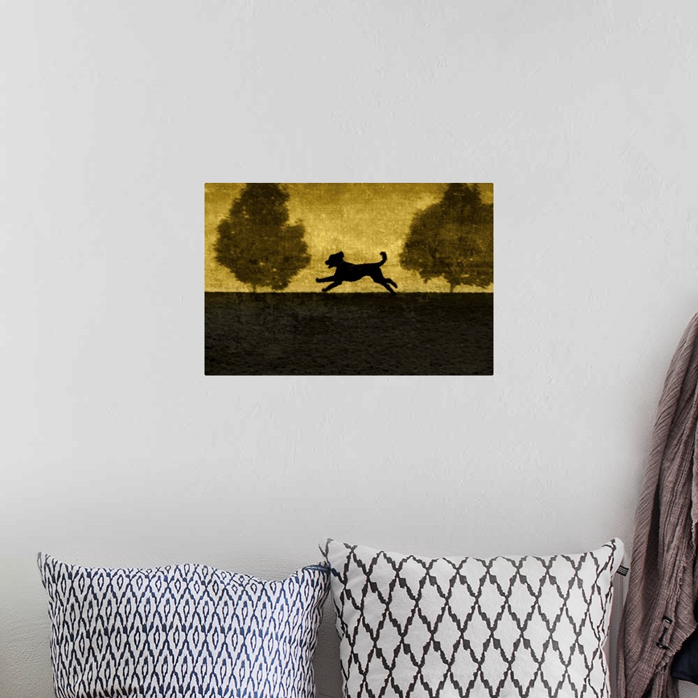 A bohemian room featuring A dog running between two small trees