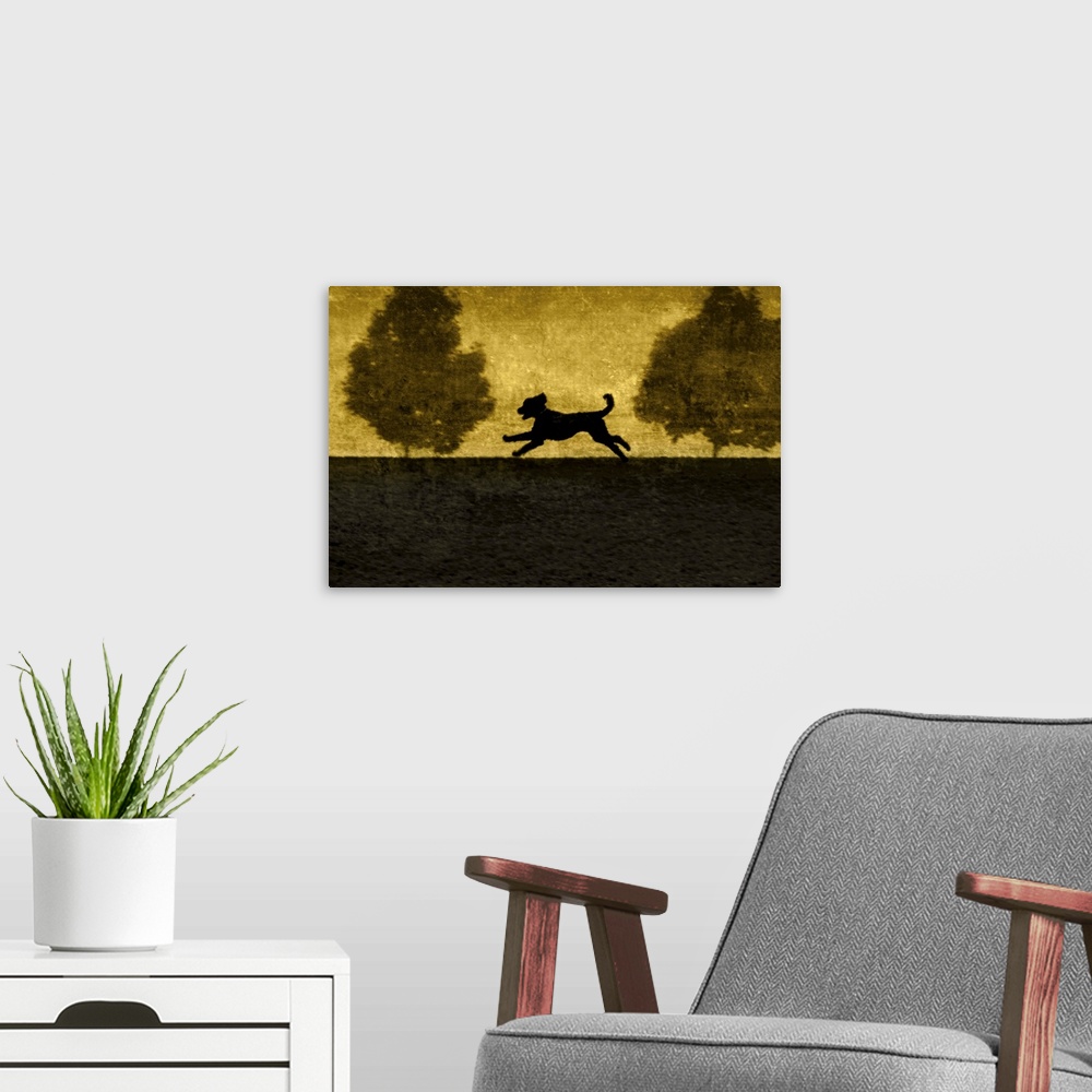 A modern room featuring A dog running between two small trees