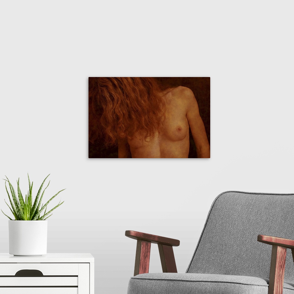 A modern room featuring A naked female with long hair