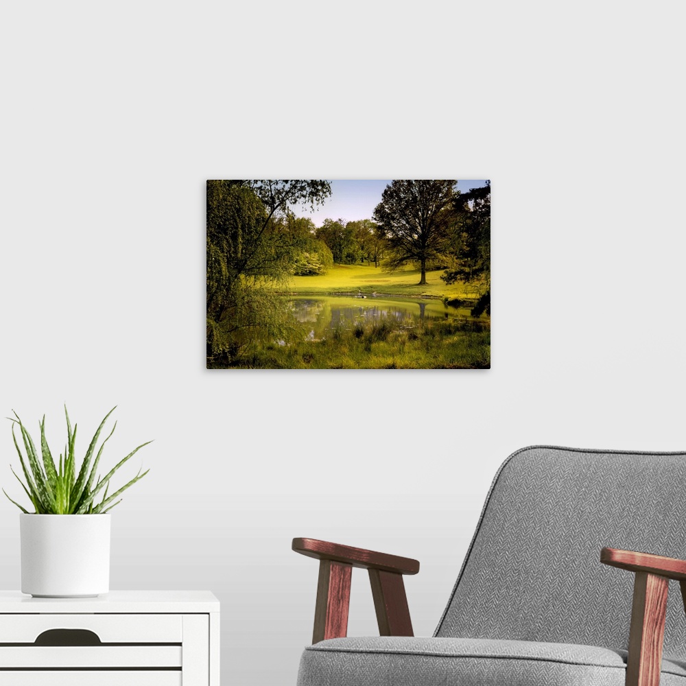 A modern room featuring A peaceful rural scene with trees lake, green grass and blue sky