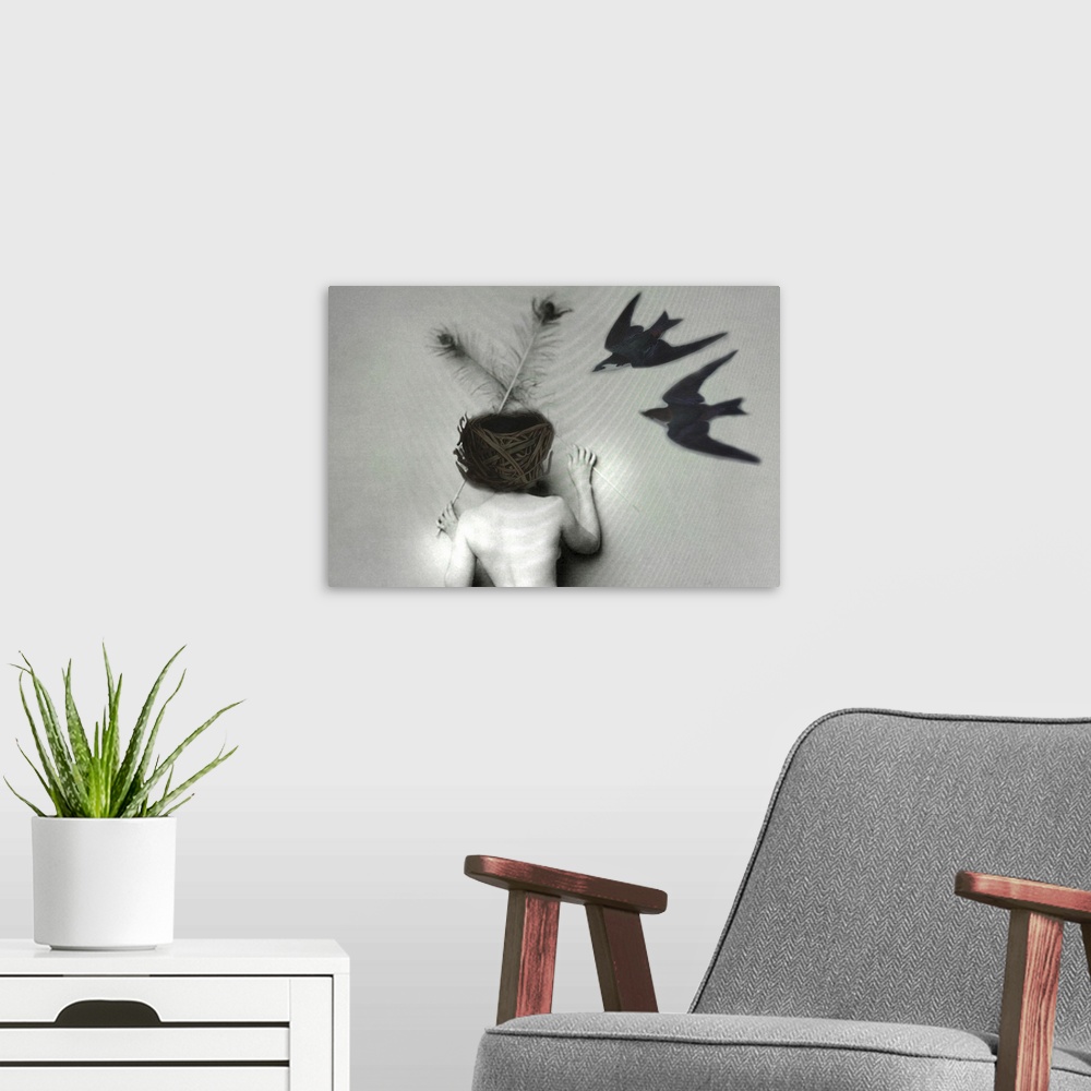 A modern room featuring A woman with swifts and peacock feathers