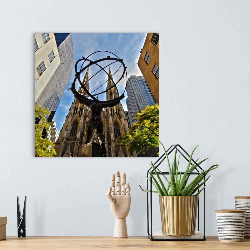 A bohemian room featuring Image of the Atlas Statue with St. Patrick's Cathedral in the background, Manhattan, New York City.