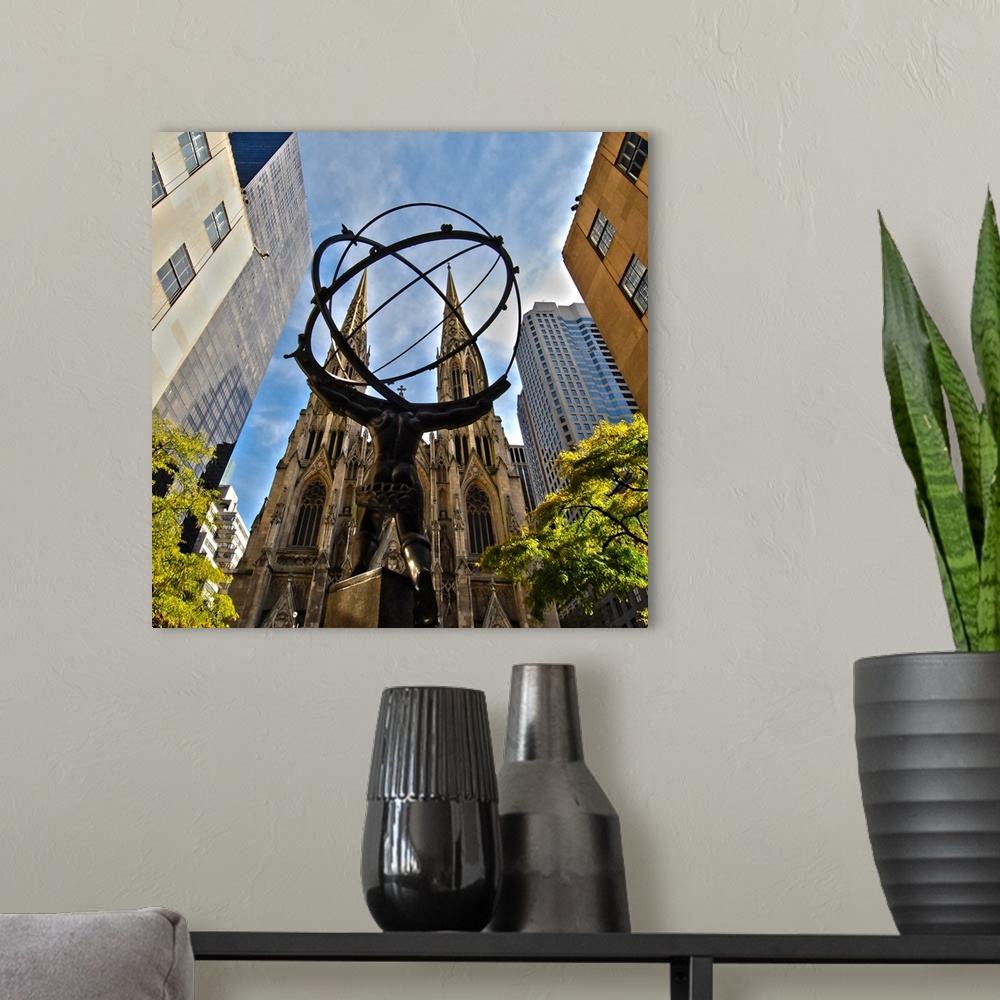 A modern room featuring Image of the Atlas Statue with St. Patrick's Cathedral in the background, Manhattan, New York City.