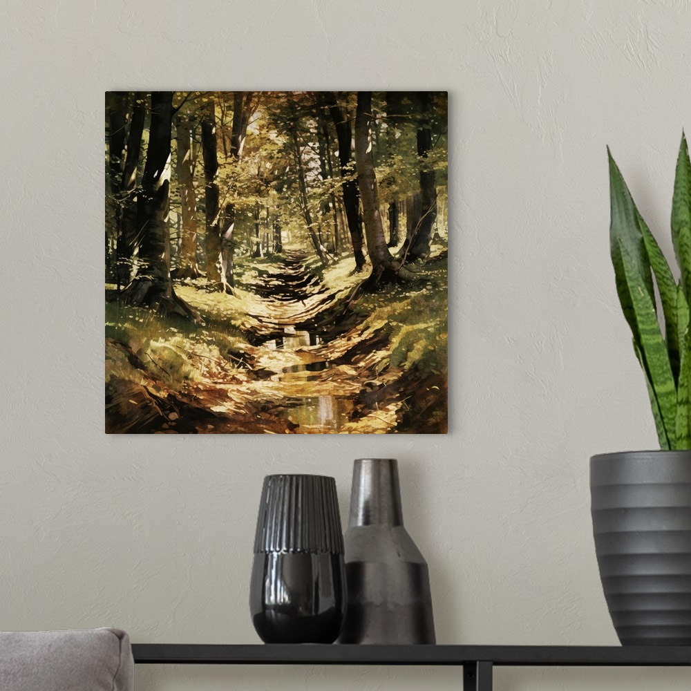 A modern room featuring Originally a Painting of woodland in England with autumn colours and dappled sunlight.