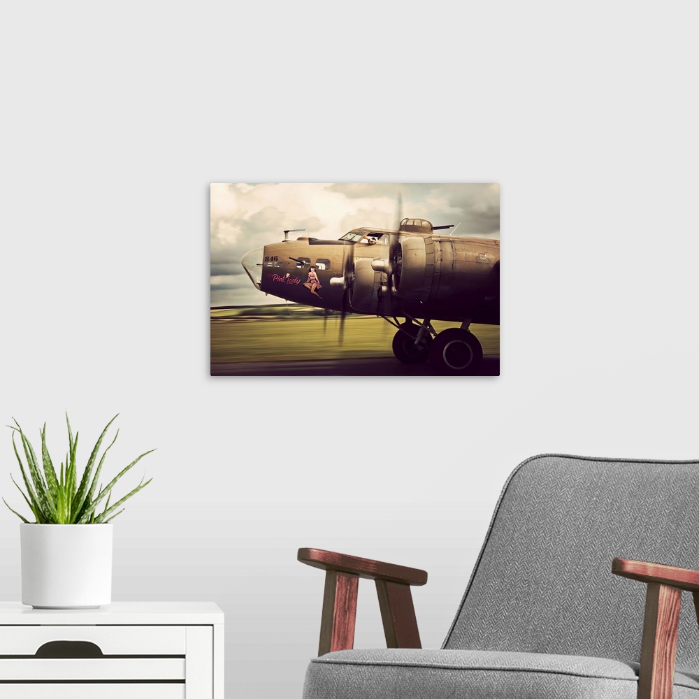 A modern room featuring A  B-17G Flying Fortress bomber on takeoff.