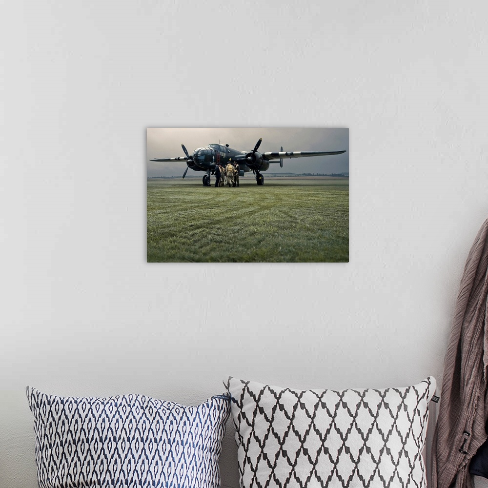 A bohemian room featuring A B-25 Mitchell bomber and crew at dawn