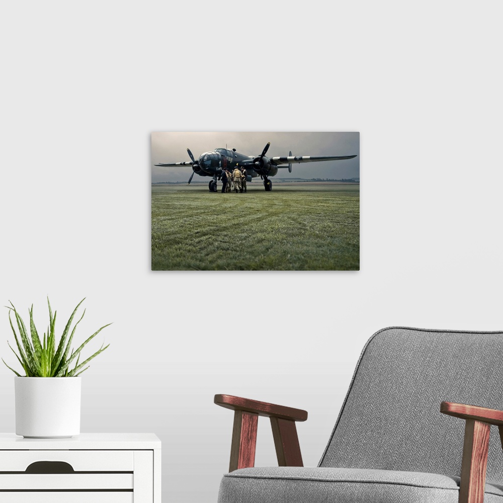 A modern room featuring A B-25 Mitchell bomber and crew at dawn