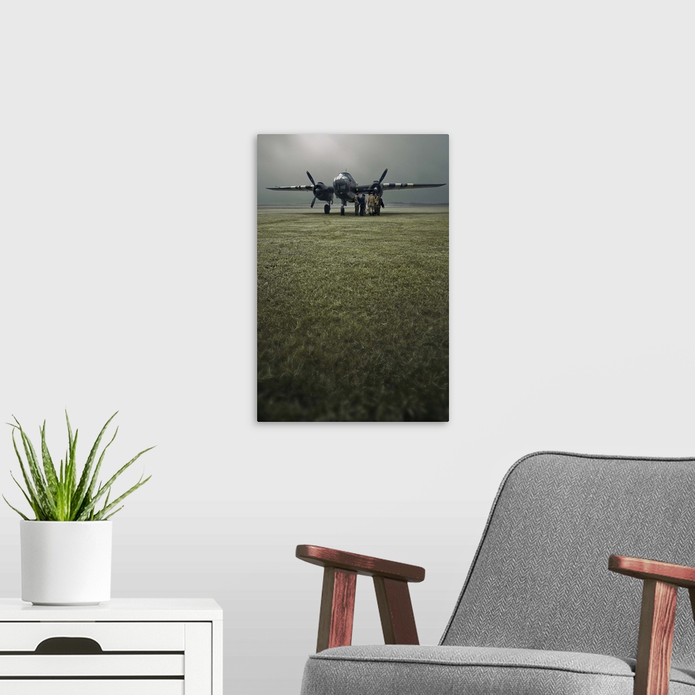A modern room featuring A B-25 Mitchell bomber and crew at dawn in portrait.
