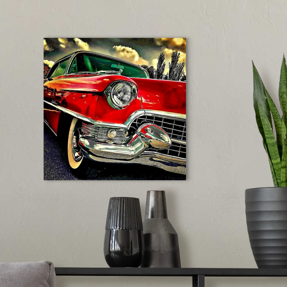 A modern room featuring 1950's classic car parked on street in USA