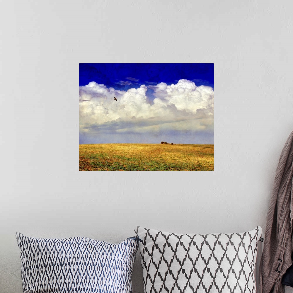 A bohemian room featuring A bird flying above a yellow field with large white clouds against a blue sky