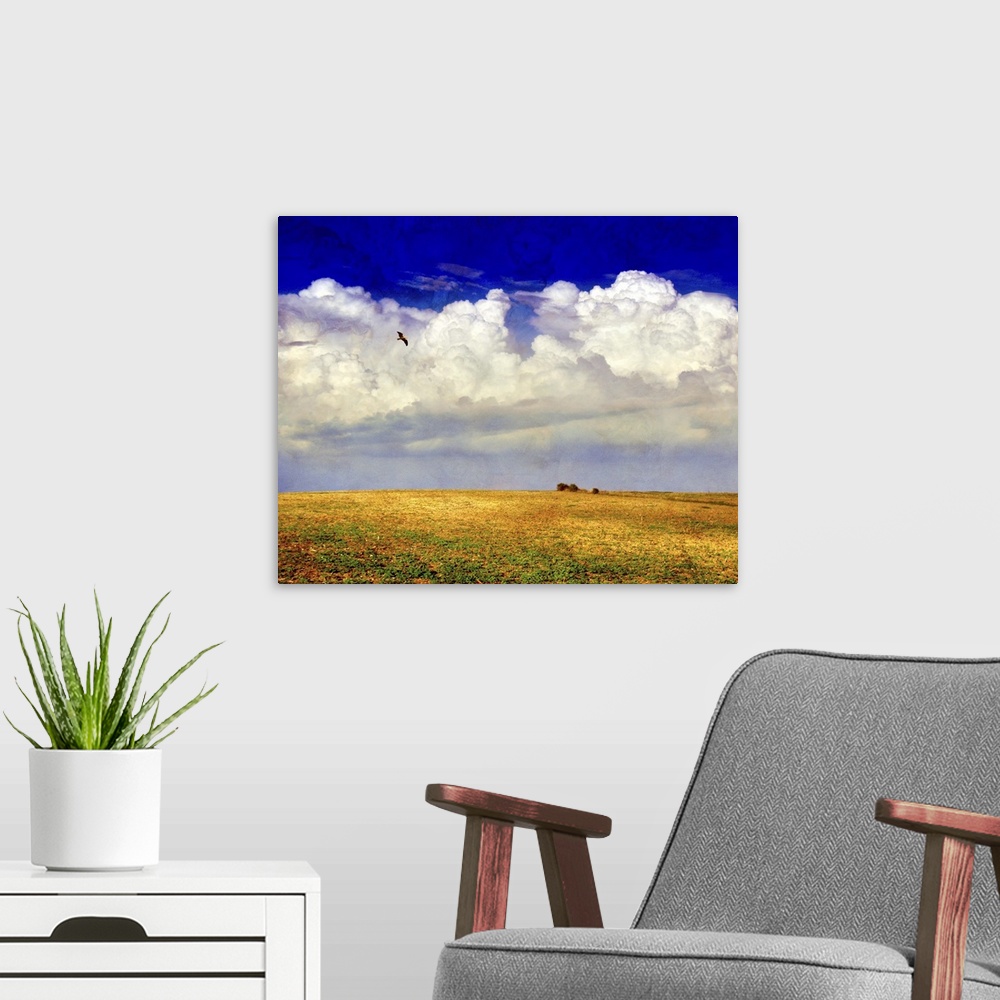 A modern room featuring A bird flying above a yellow field with large white clouds against a blue sky