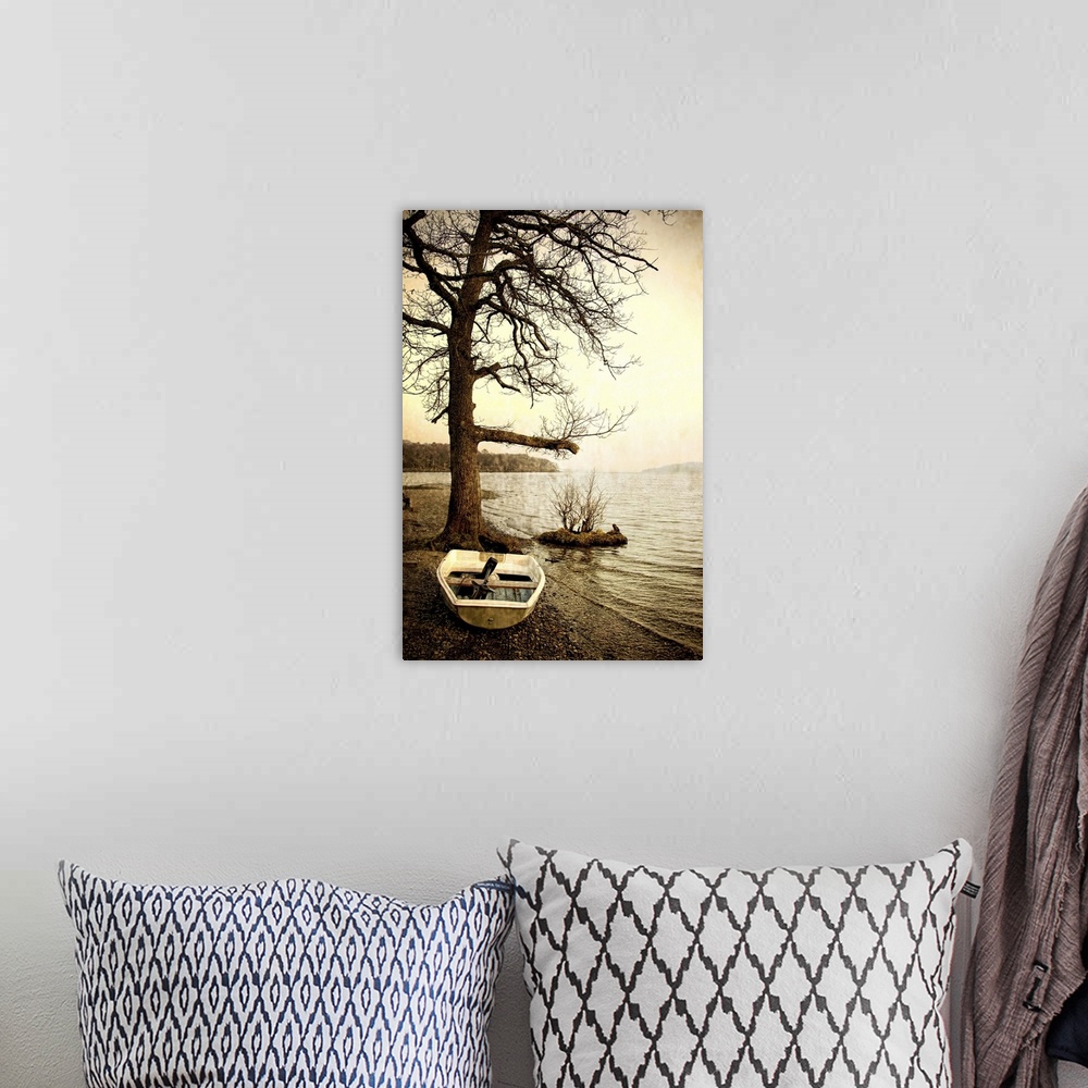A bohemian room featuring A small fibreglass rowing boat on the shore of a lake beside a tree in winter