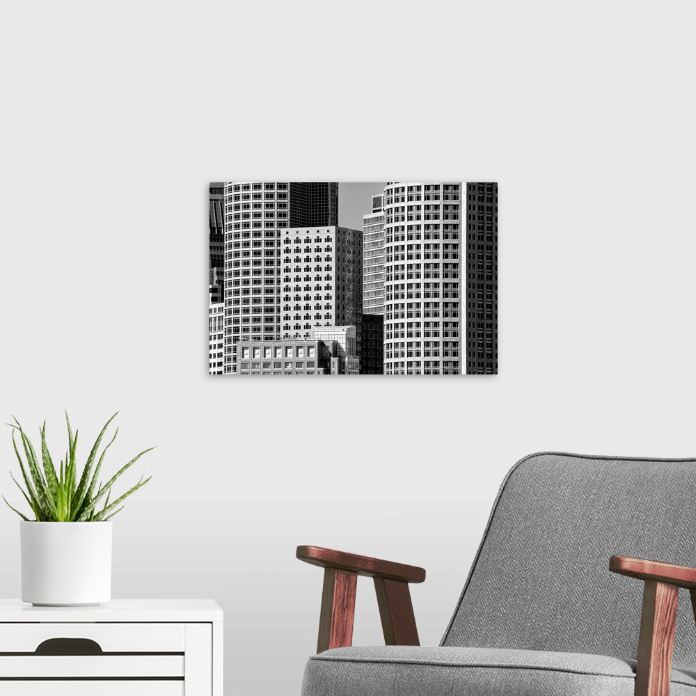 A modern room featuring Boston buildings