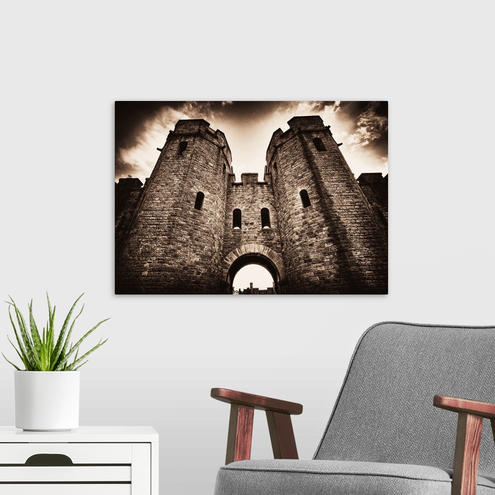 A modern room featuring Dramatic shot of Cardiff Castle gates
