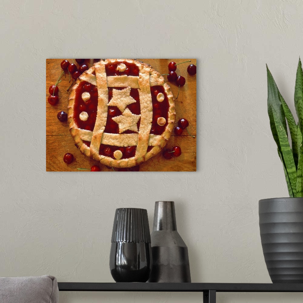 A modern room featuring A cherry pie