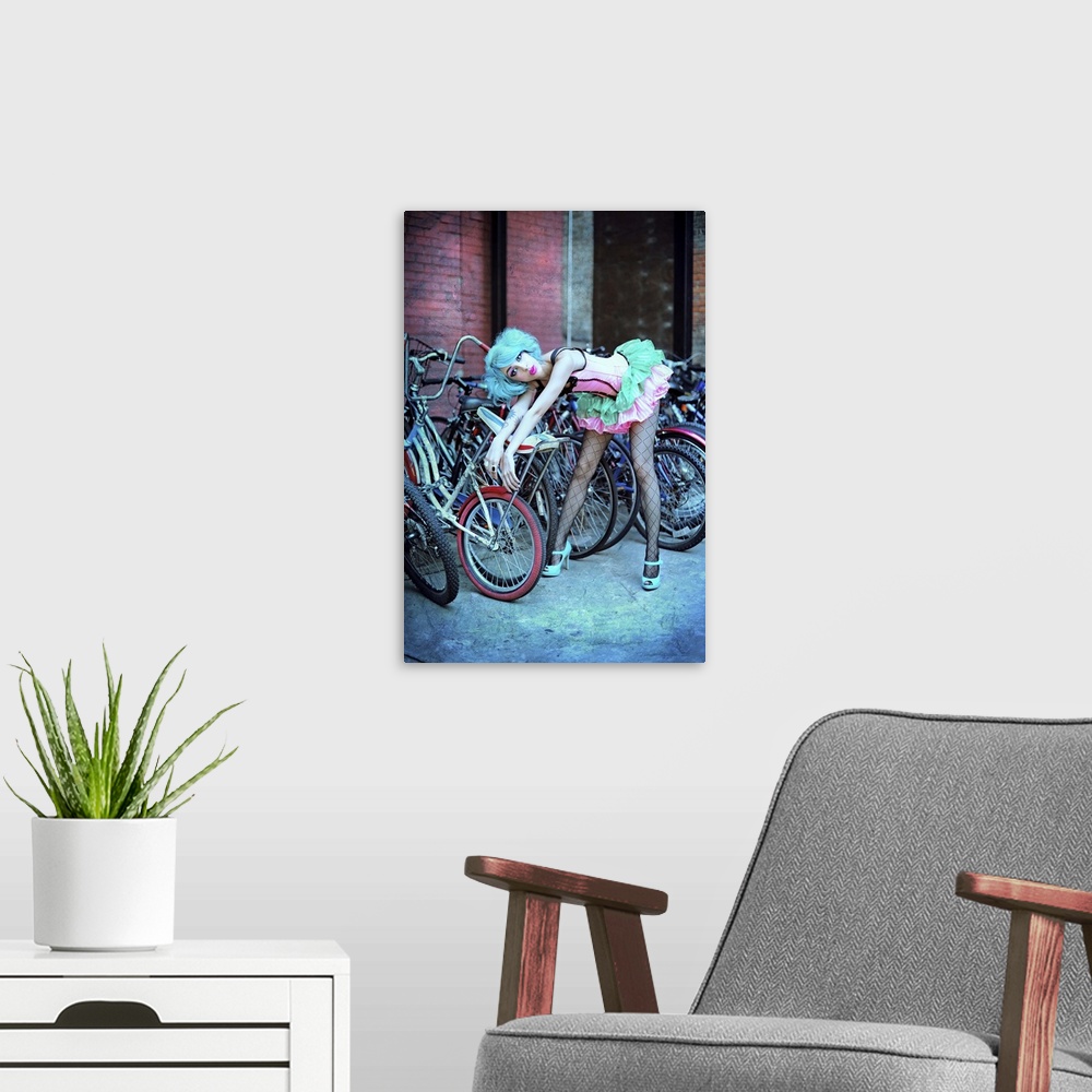 A modern room featuring A blue-haired model poses in a tutu against a rack of bikes with a surprised expression.