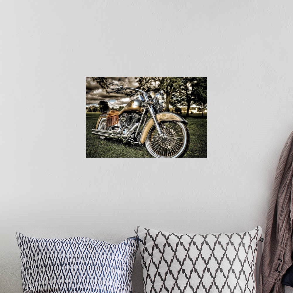 A bohemian room featuring HDR photograph of a custom Harley Davidson Motorcycle.