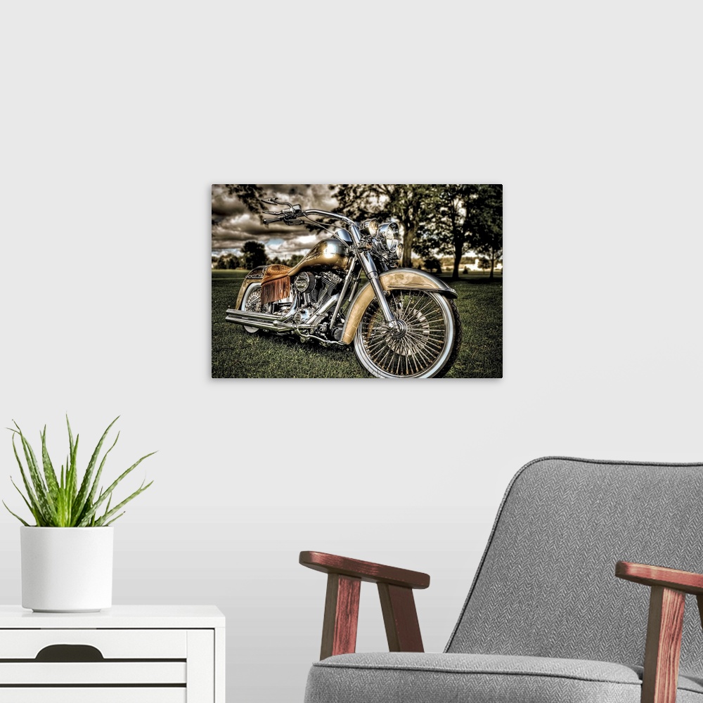 A modern room featuring HDR photograph of a custom Harley Davidson Motorcycle.