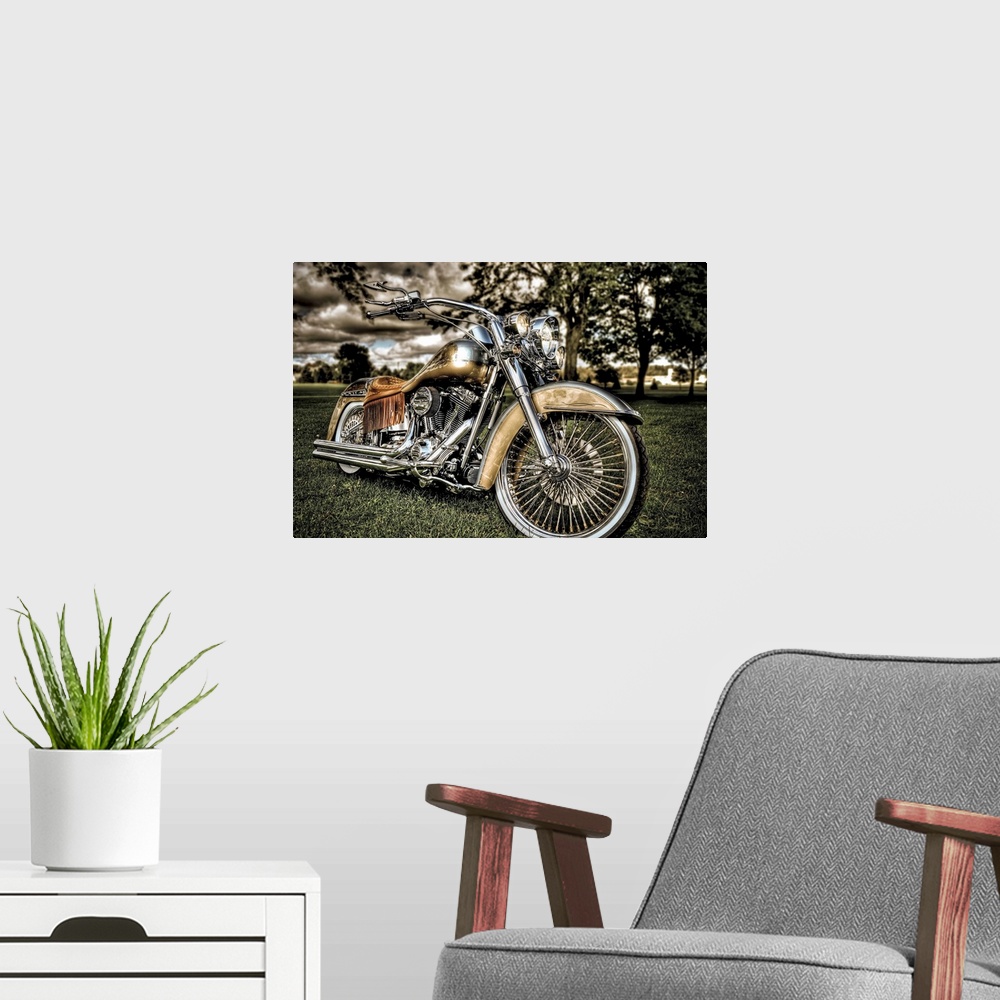 A modern room featuring HDR photograph of a custom Harley Davidson Motorcycle.