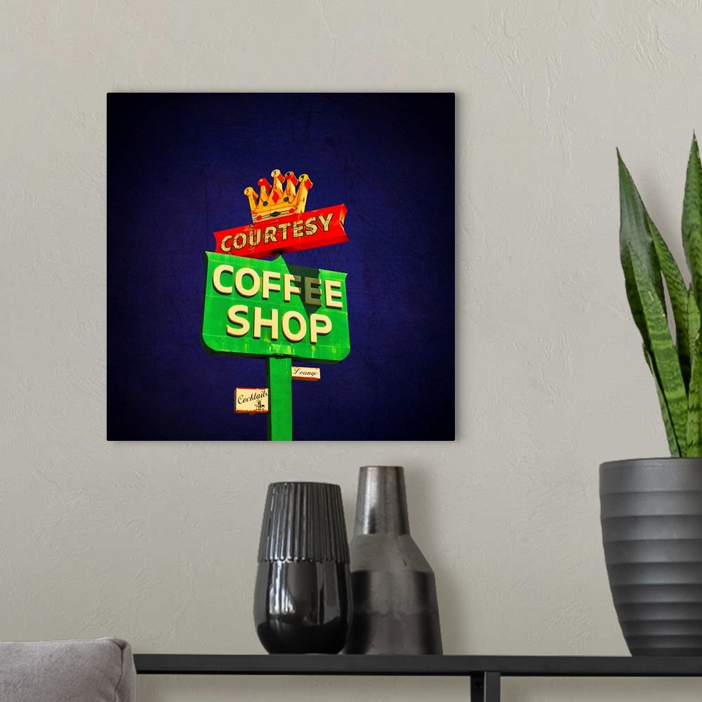 A modern room featuring Glowing 1950's street sign for coffee shop.