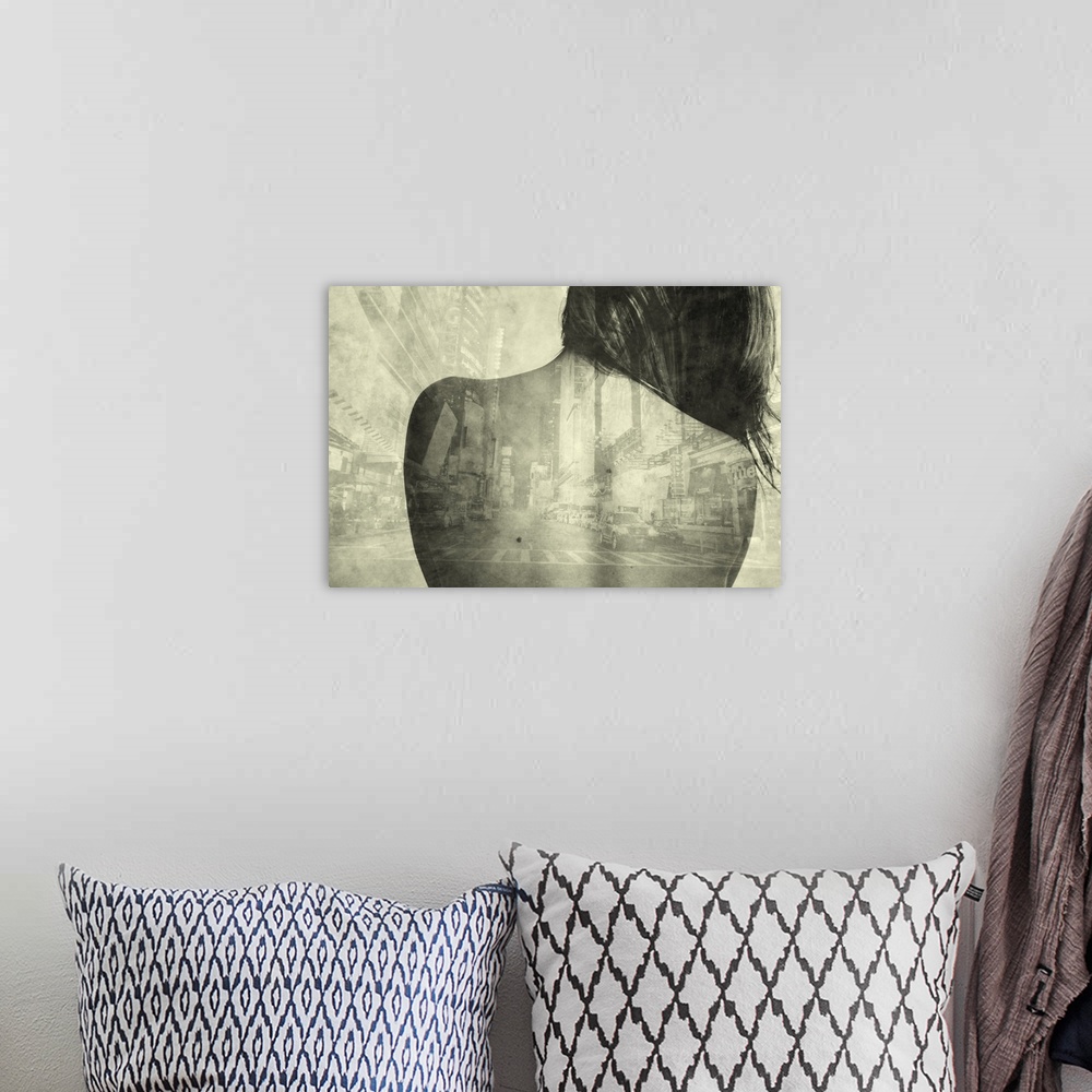 A bohemian room featuring Digital photo collage of young woman's back and city street