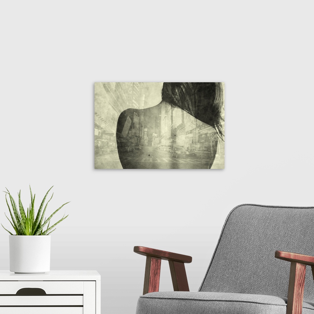 A modern room featuring Digital photo collage of young woman's back and city street