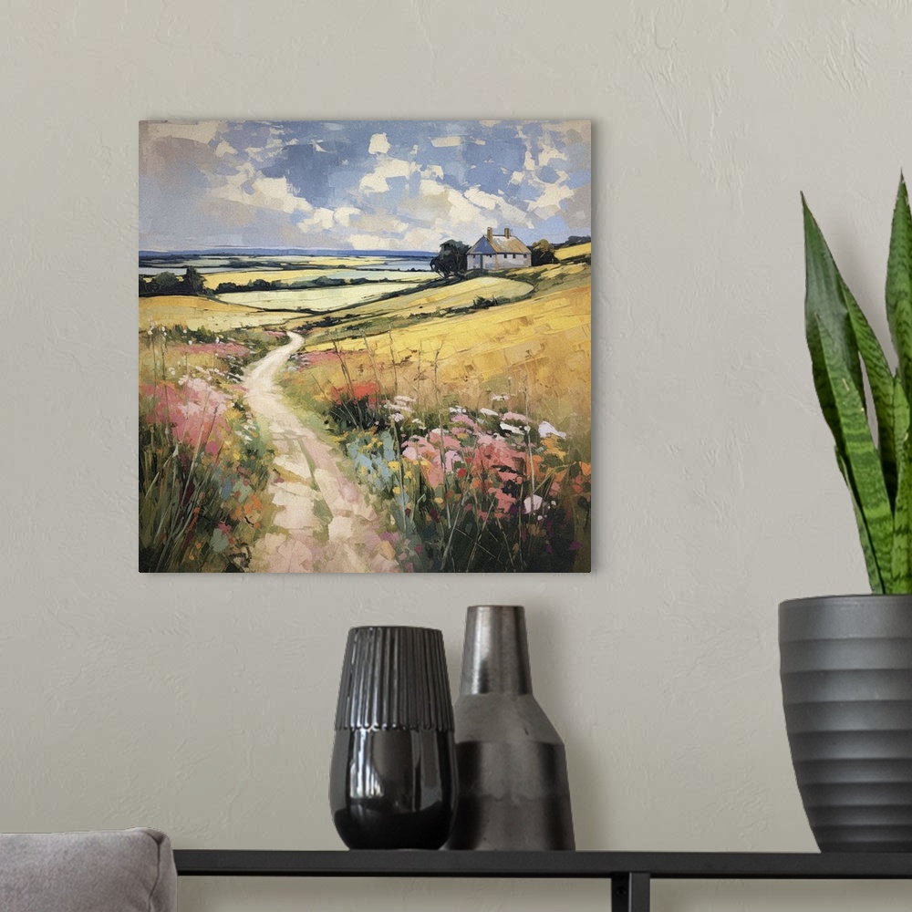 A modern room featuring Originally a Painting of the West Sussex landscape in summer with fields and rolling countryside.