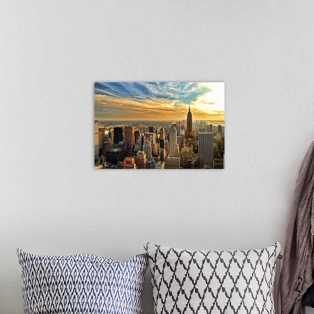A bohemian room featuring HDR image overlooking southern half of Manhattan, New York City, with Empire State Building.