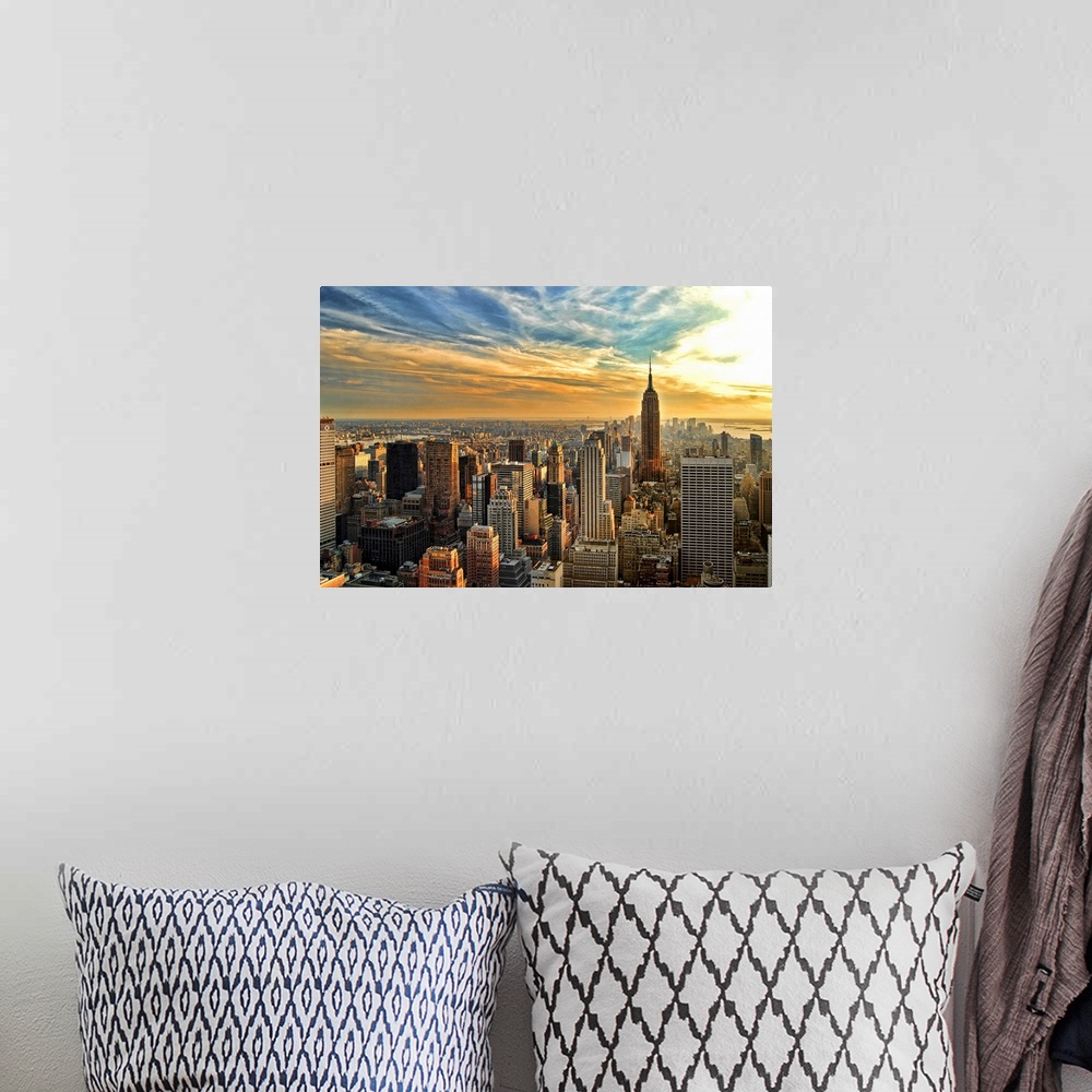 A bohemian room featuring HDR image overlooking southern half of Manhattan, New York City, with Empire State Building.