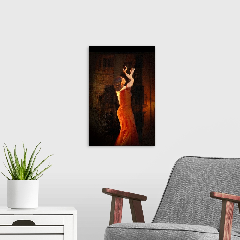 A modern room featuring Flamenco dancer wearing a red dress in Andalusia Spain