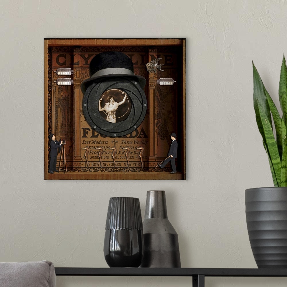 A modern room featuring A surreal assemblage,  la Joseph Cornell, of a woman posing with a hoop, framed by an early camer...