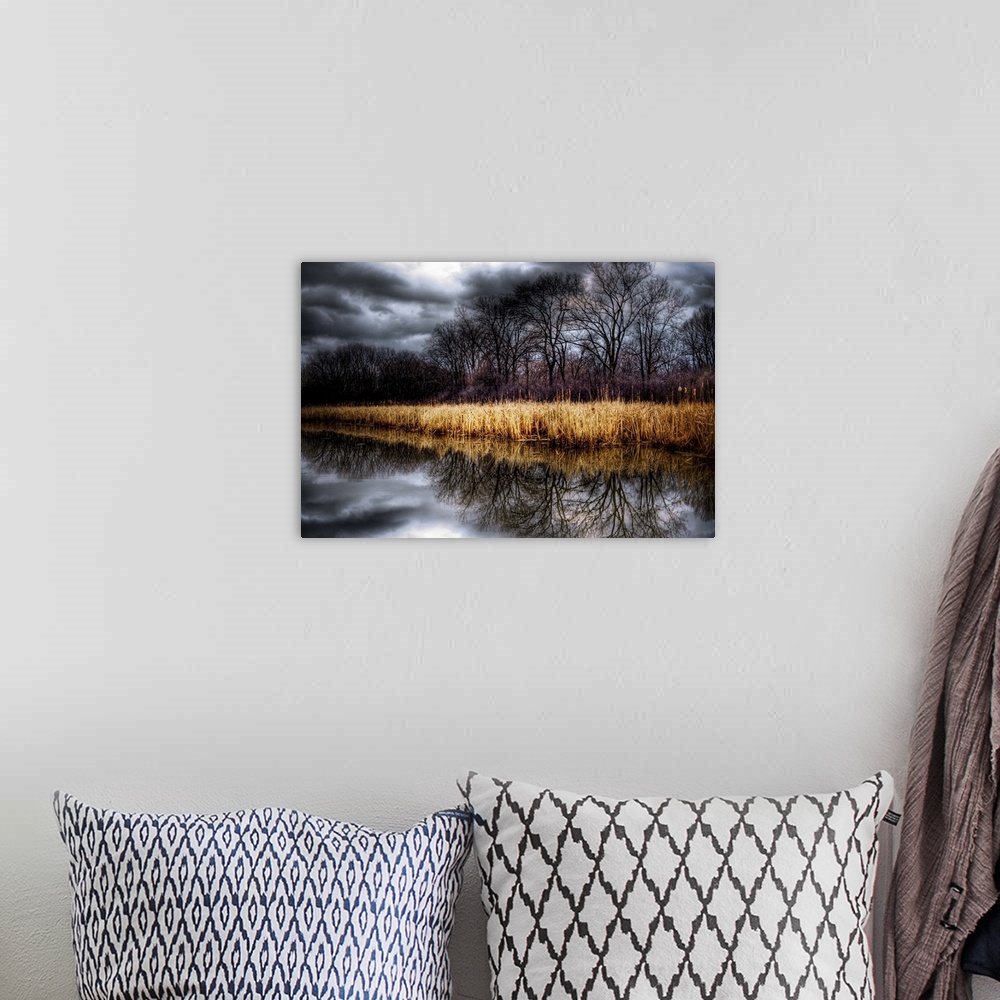 A bohemian room featuring Stormy grey skies reflected in a lake with reeds and trees