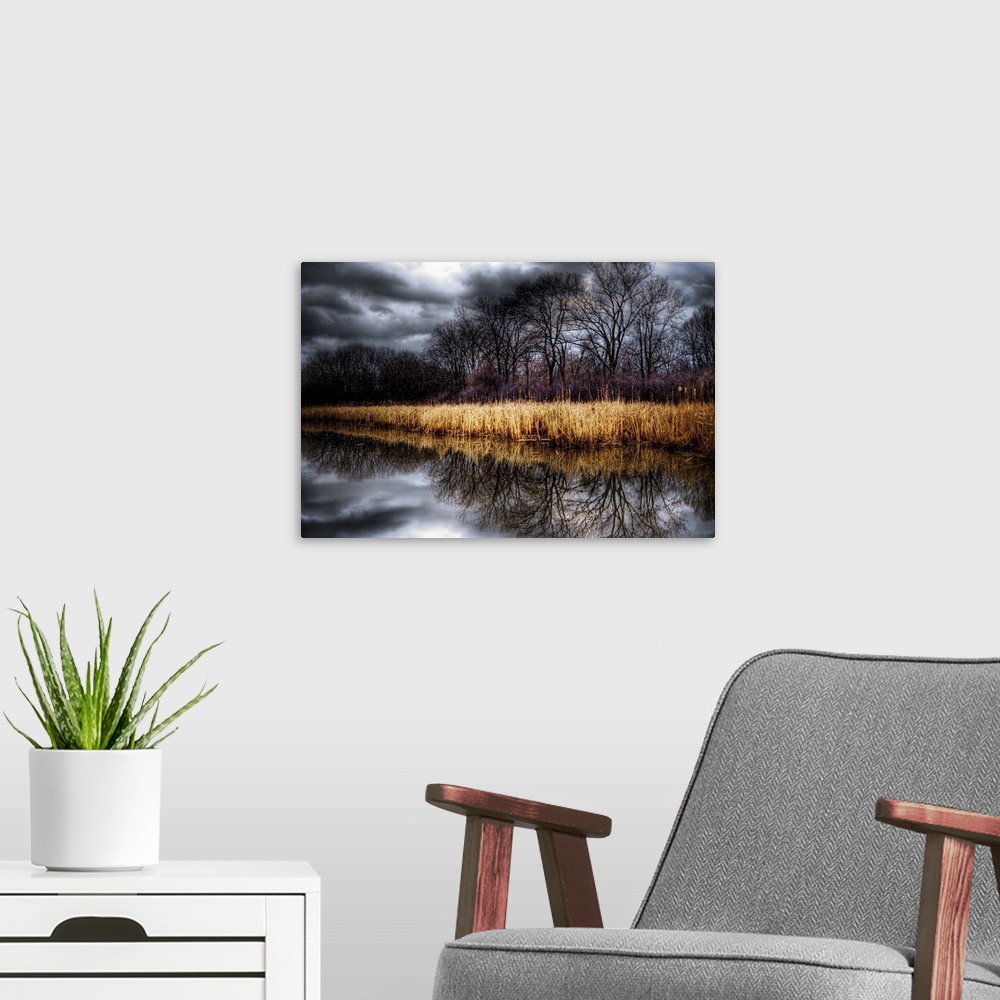 A modern room featuring Stormy grey skies reflected in a lake with reeds and trees