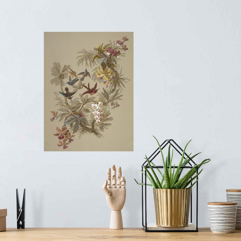 A bohemian room featuring Forked branch at center of page with foliage and various orchids and tropical flowers growing fro...