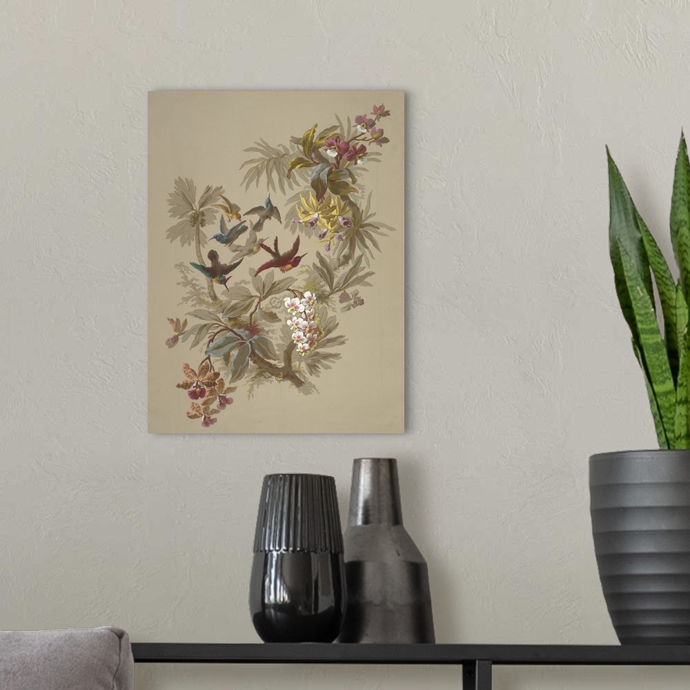 A modern room featuring Forked branch at center of page with foliage and various orchids and tropical flowers growing fro...