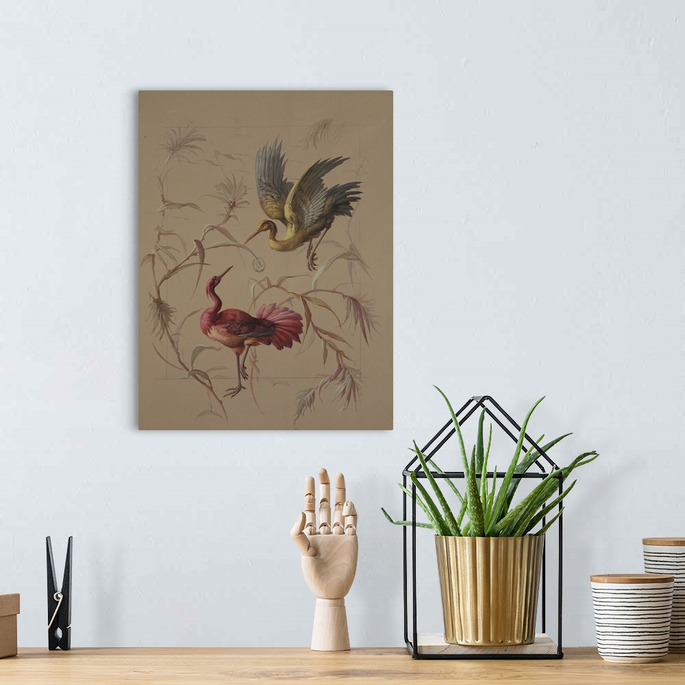 A bohemian room featuring Two birds surrounded by branches with leaves. Red bird stands on ground with one leg lifted facin...