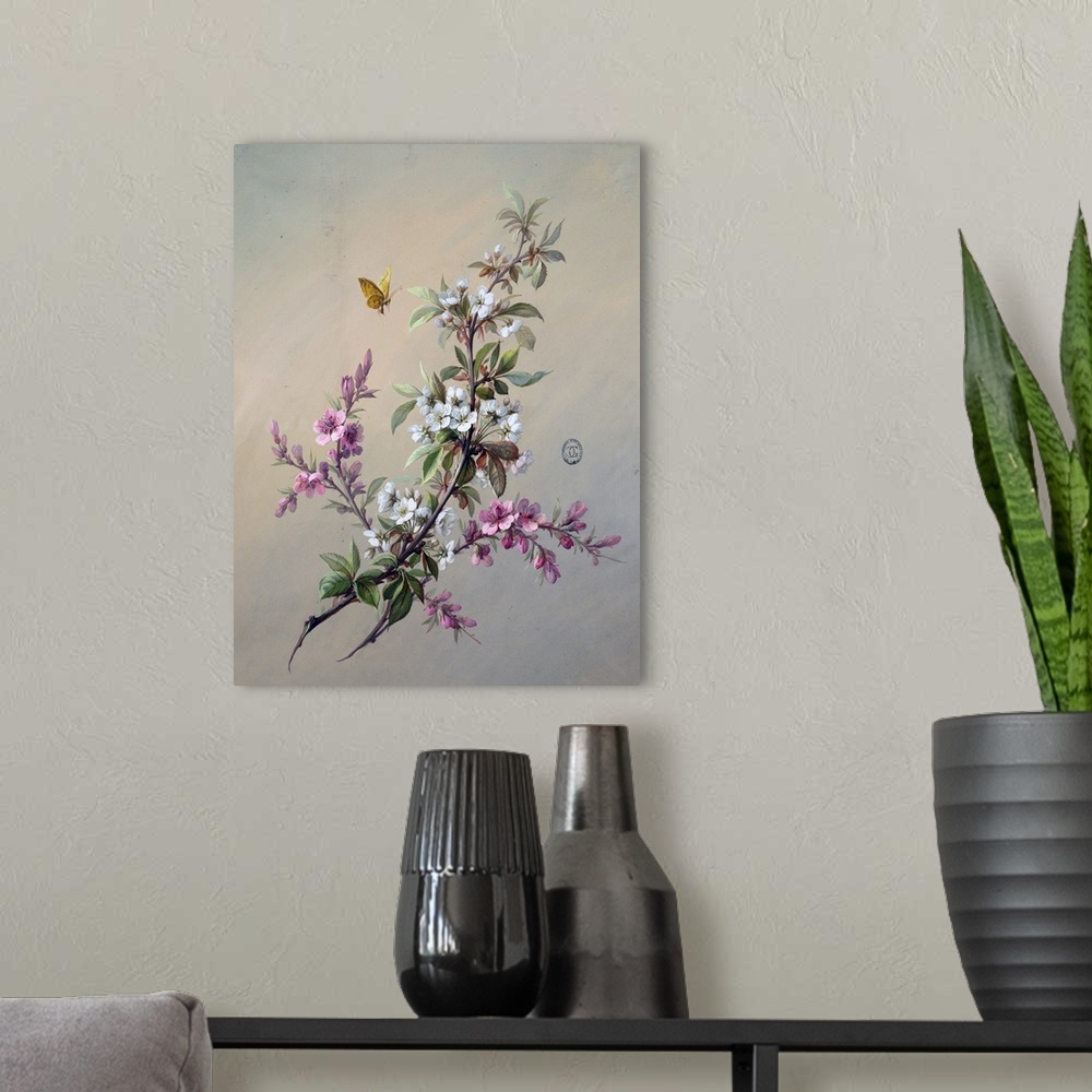 A modern room featuring Branch with clusters of white flowers and foliage while a yellow butterfly flies overhead.