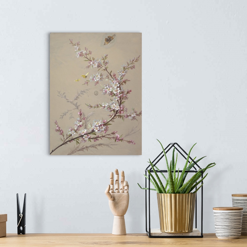 A bohemian room featuring Branch with white blossoms and foliage in a reverse "c" shape, with grasses behind it. Two yellow...