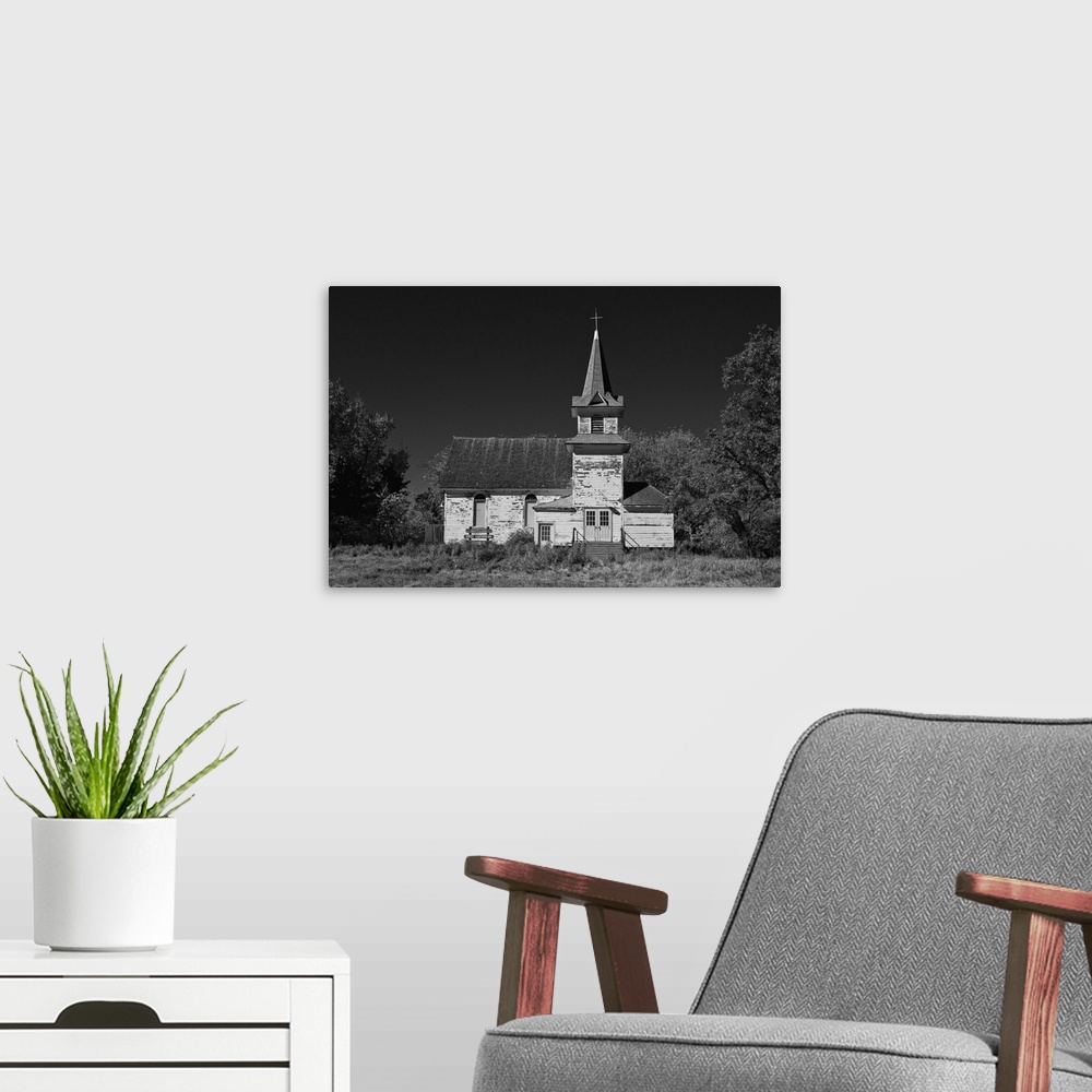 A modern room featuring Old church in rural landscape in Cavalier County USA